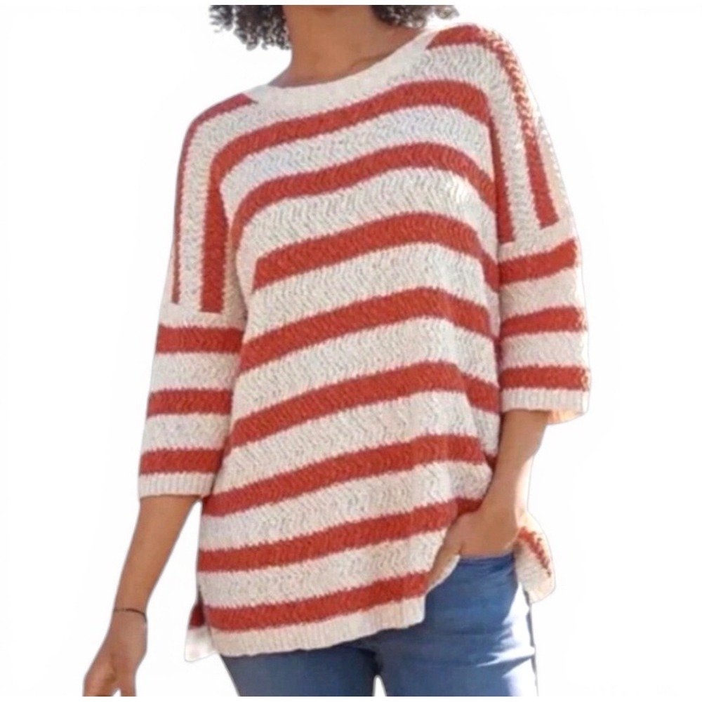 Garnet Hill Women Large Orange Cream Striped Organic Cotton Chevron Knit Sweater